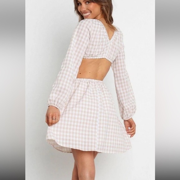Petal & Pup Beige Cut Out Gingham Dress 100% Cotton Mini Puff Sleeves Size 4 - Picture 12 of 13